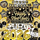 New Years Decorations 2026, Black Gold New Years Eve Party Supplies Includes Backdrop Banner Photo Booth Props Foil Balloons Fringe Curtain Confetti Balloons, Happy New Year Decorations