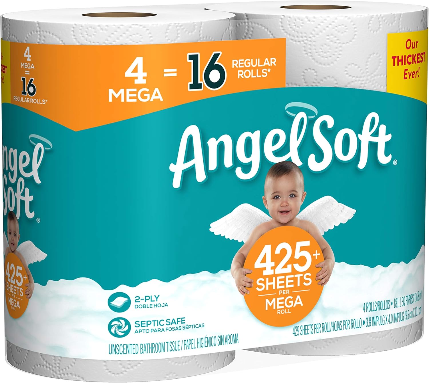 Angel Soft Toilet Paper Bath Tissue, 4 Mega Rolls, 425+ 2-Ply Sheets Per Roll: Health & Personal Care