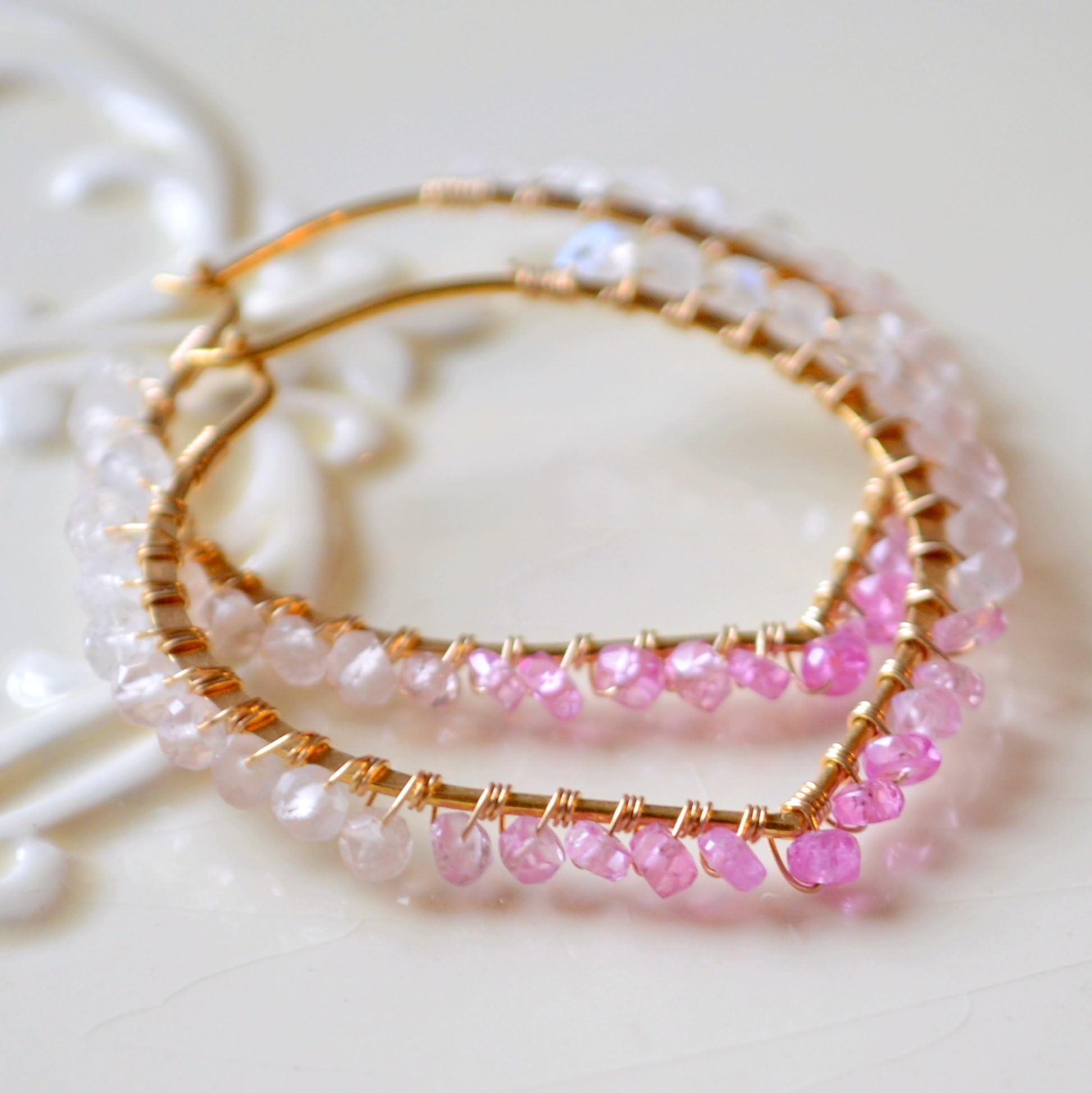 Large Pink Gemstone Hoop Earrings Gold