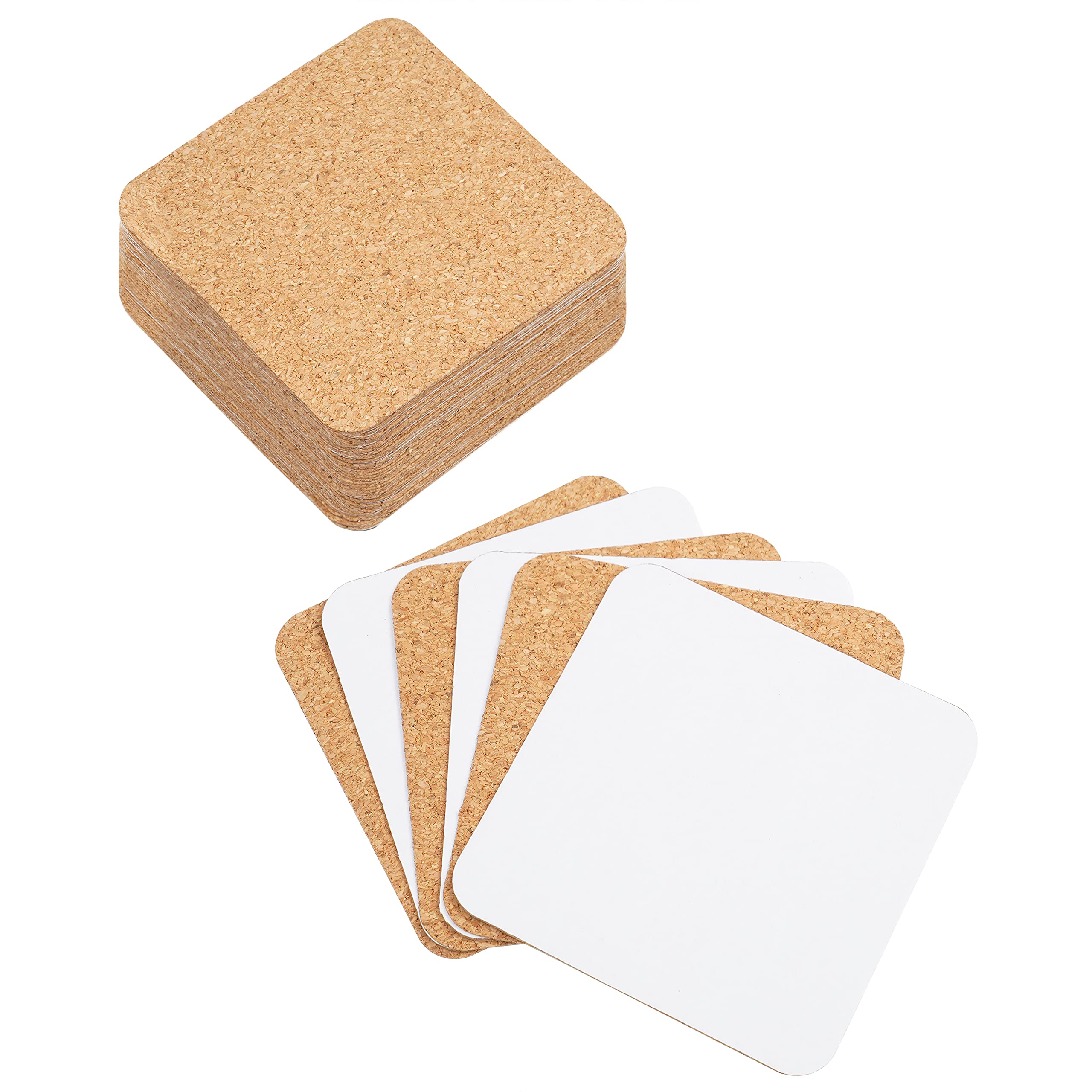 Belle Vous Self-Adhesive Cork Coasters (50 Pack) - 9.5 x 9.5cm / 3.74 x 3.74 inches - Square Backing Sheets with Strong Adhesive - Mini Tiles/Mats for Wall Cork Board, Coasters, and DIY Craft Projects
