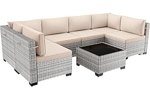 Sweecci 7-Piece Patio Furniture Set, Outdoor Sectional with Thick Cushions, Modular Patio Sofa, Dual-Strand Wicker Rattan, Rust-Resistant Frame, Backyard Furniture for Garden, Deck, Khaki