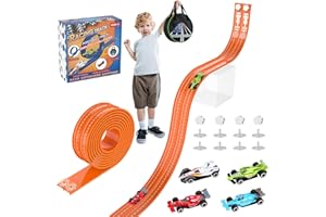 KATGOGOO 20Ft Flexible Race Track, Slot Car Race Track Set for Kids Ages 3+,Dual Racing Game 2 High-Speed Cars 1/64 Scale, w/8 Suction Cups,4 Alloy Cars– Ideal Christmas Birthday Gift for Boys & Girls (Orange)