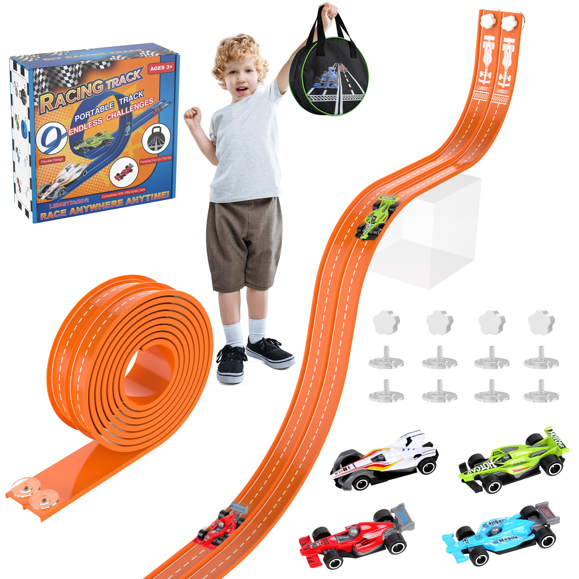 Photo 1 of 20Ft Flexible Race Track, Slot Car Race Track Set for Kids Ages 3+,Dual Racing Game 2 High-Speed Cars 1/64 Scale, w/8 Suction Cups,4 Alloy Cars– Ideal Christmas Birthday Gift for Boys & Girls (Orange)