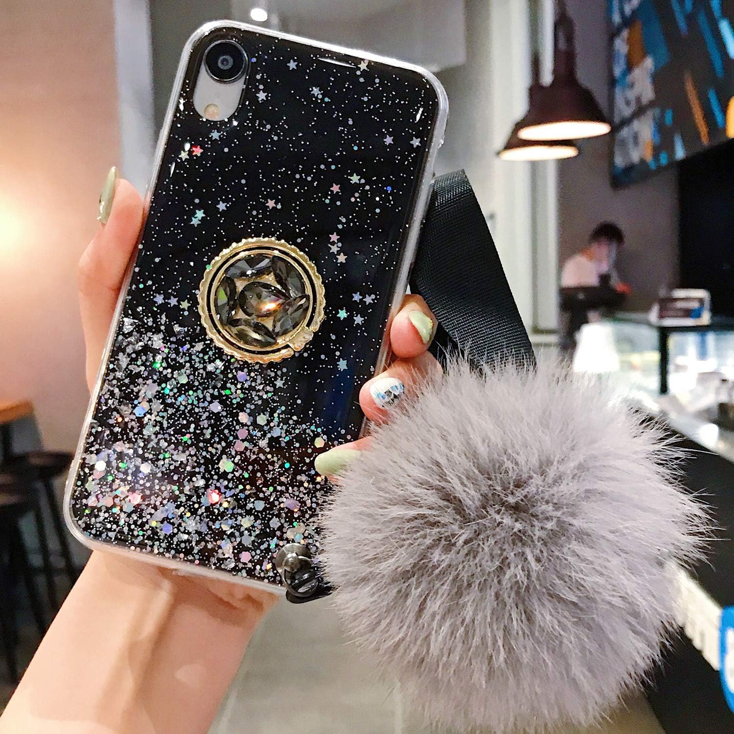 Galaxy S10 Plus Case, Samsung S10 Plus Glitter Ring Kickstand Case for Girls Women with Bling Sparkle Diamond Rhinestone Stand Holder and Furry Fur Ball Wrist Strap (Pompom Black)