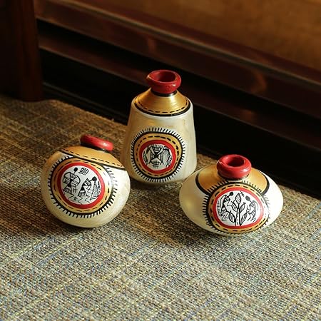 ExclusiveLane Terracotta Warli Hand-Painted Living Room Decorative Miniature Small Pots Set (9.4 cm x 9.4 cm x 8.9 cm, White, Set of 3 Mini Pots)