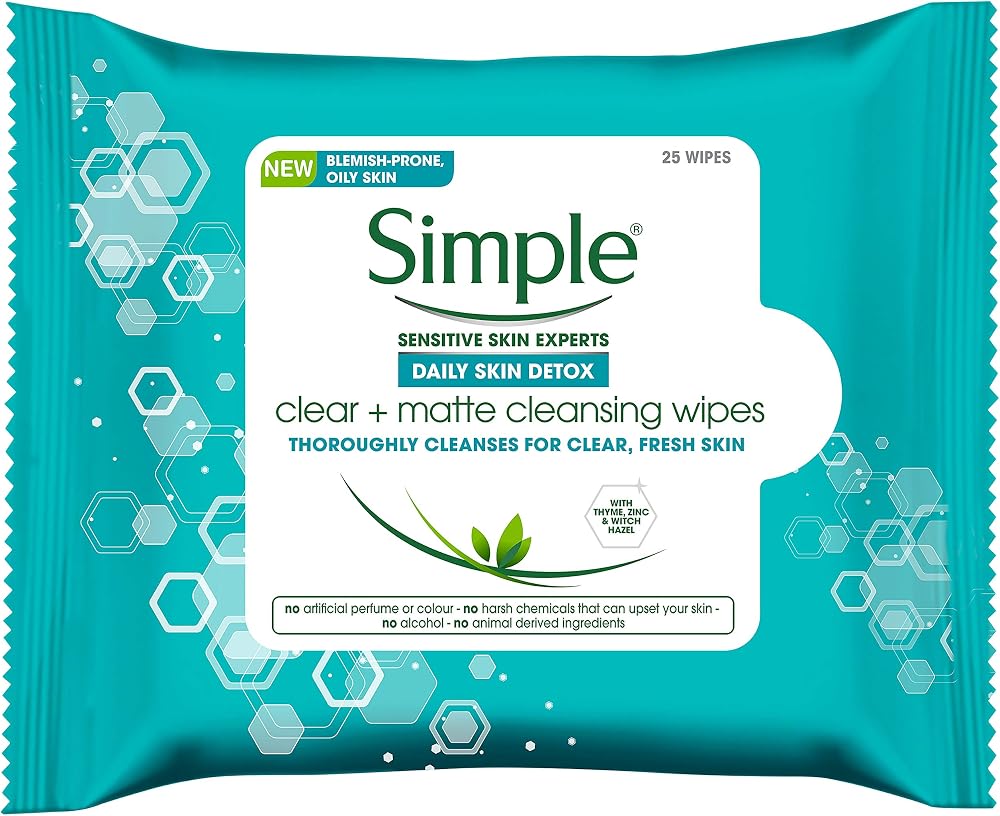 Simple Daily Skin Detox Clear & Matte Cleansing Wipes 25 Count Pack of 6