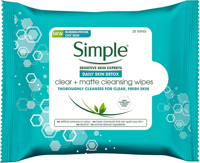 Simple Daily Skin Detox Clear & Matte Cleansing Wipes 25 Count Pack of 6