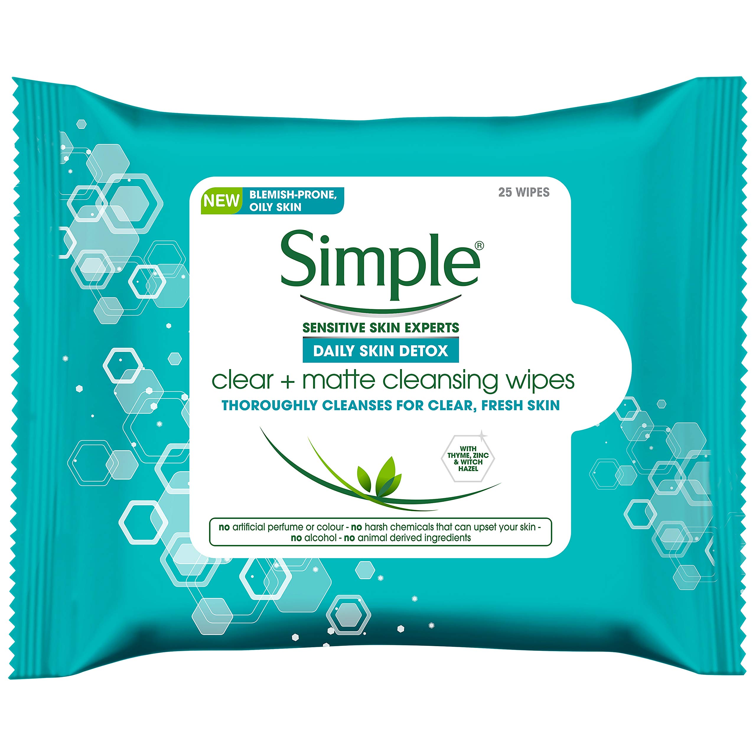 Simple Daily Skin Detox Clear & Matte Cleansing Wipes, Clear + Matte 25 Pieces (Pack of 6, 150 Wipes total)