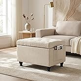 DECO DE VILLE Small Ottoman with Storage Beige Ottomans for Living Room | 24'' Rectangular Ottoman Foot Stools Upholstered Fabric Foot Rest with Safety Hinge for Bedroom, Entryway, 360lb Capacity