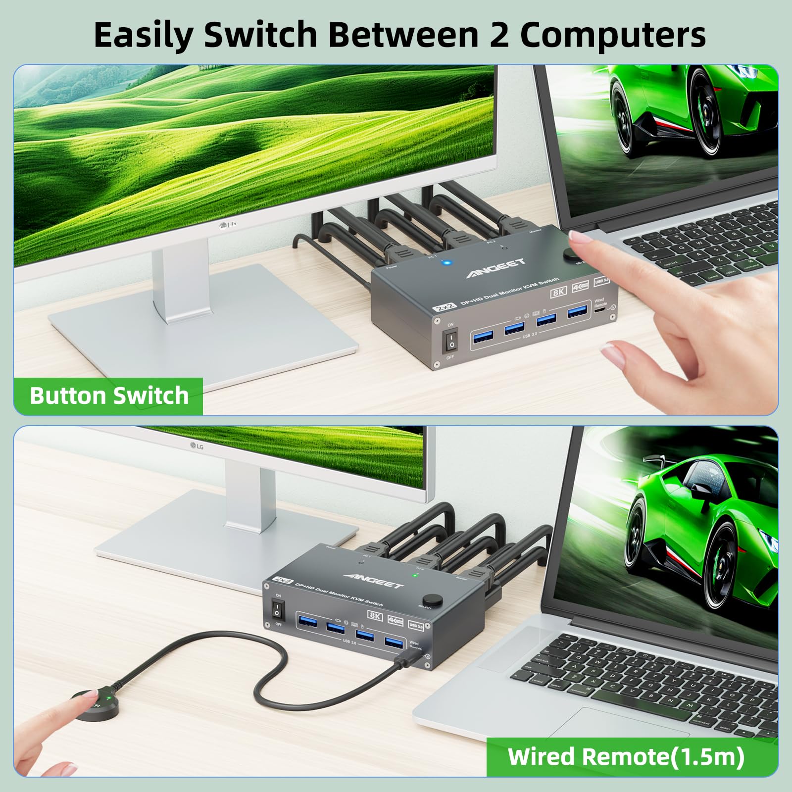 KVM Switch 2 Monitors 2 Computers 8K@60Hz, 4K@144Hz, ANGEET HDMI and Displayport Dual Monitor KVM Switch with 4 USB 3.0 Port for Keyboard Mouse Printer, with Wired Remote, Power Adapter and USB Cable