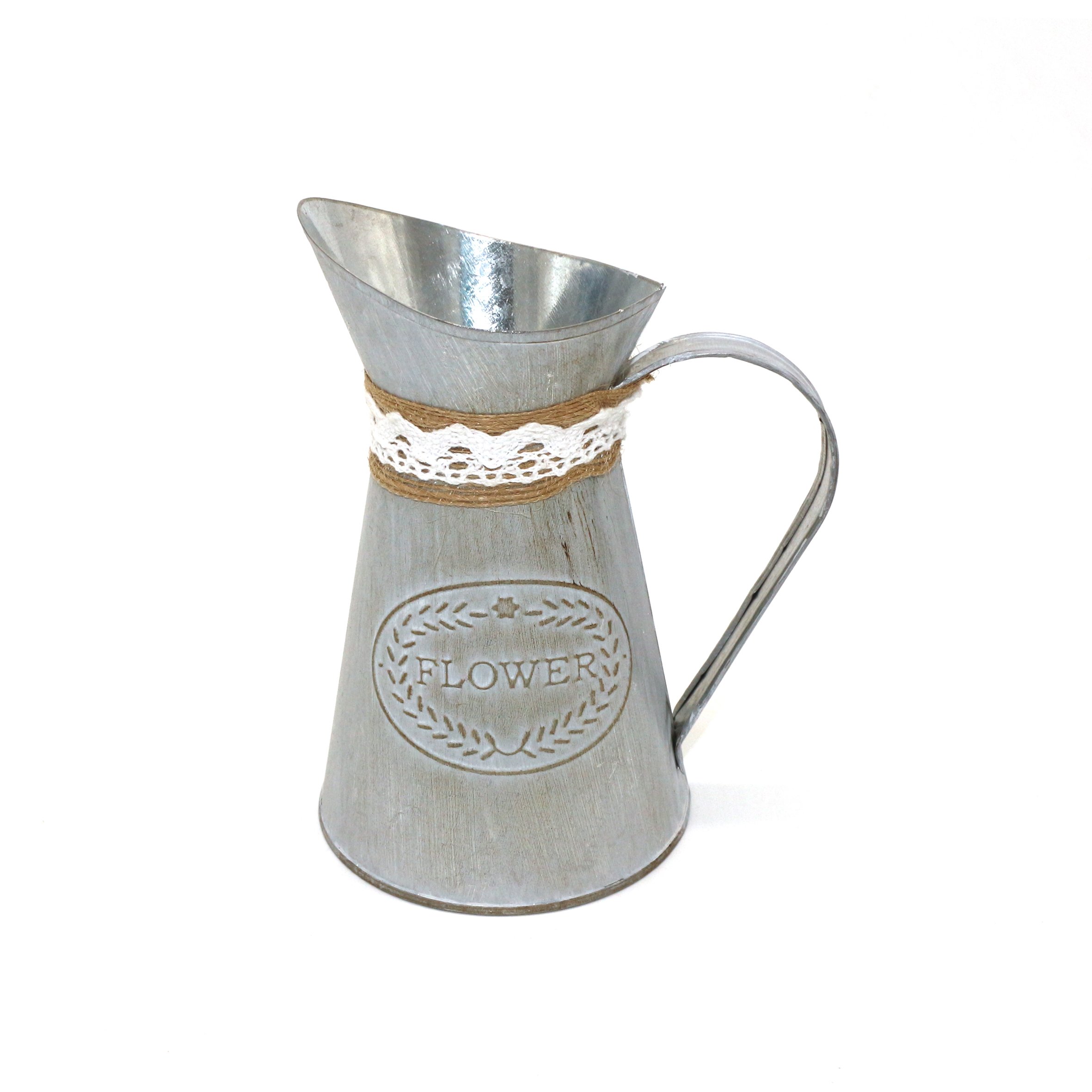 CVHOMEDECO. Country Primitive Mini Jug Vase Milk Can with Tied and Linen, Chic Rustic Flower Planter for Garden and home Décor. 5-1/4 X 3-7/8 X 6-1/4 Inch