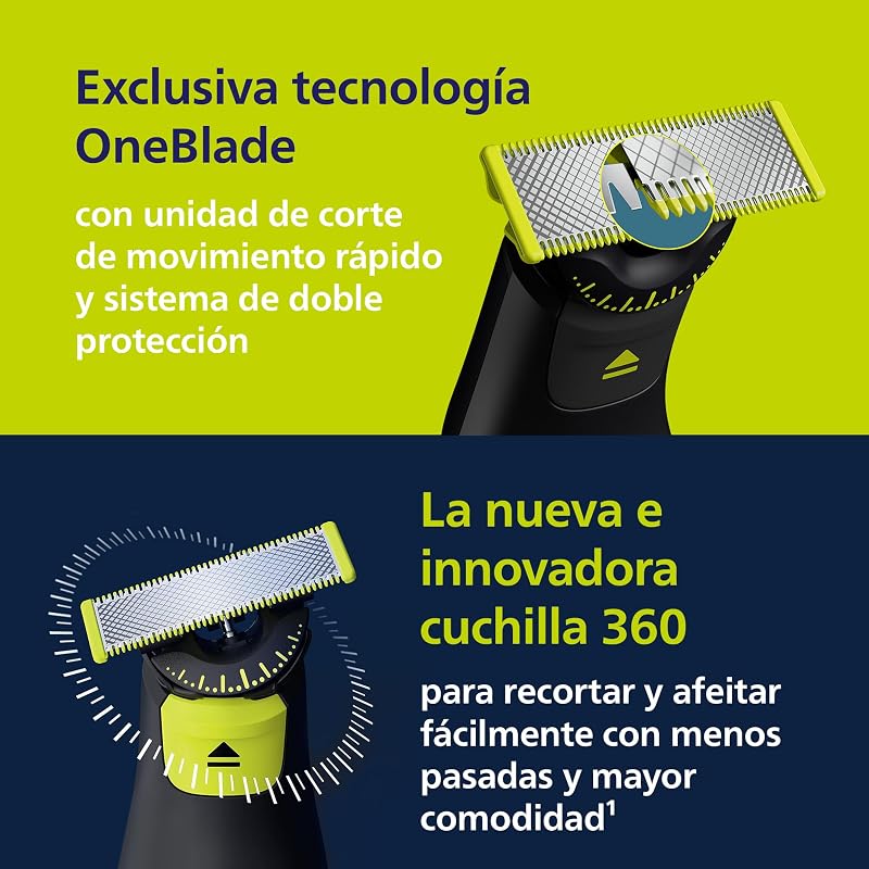 OneBlade Pro 360 Barbero, afeitadora y recortadora eléctrica facial y corporal, 2 cuchillas 360º, peine de 14 longitudes, kit corporal, soporte de carga, funda de viaje, Negro, QP6652/30