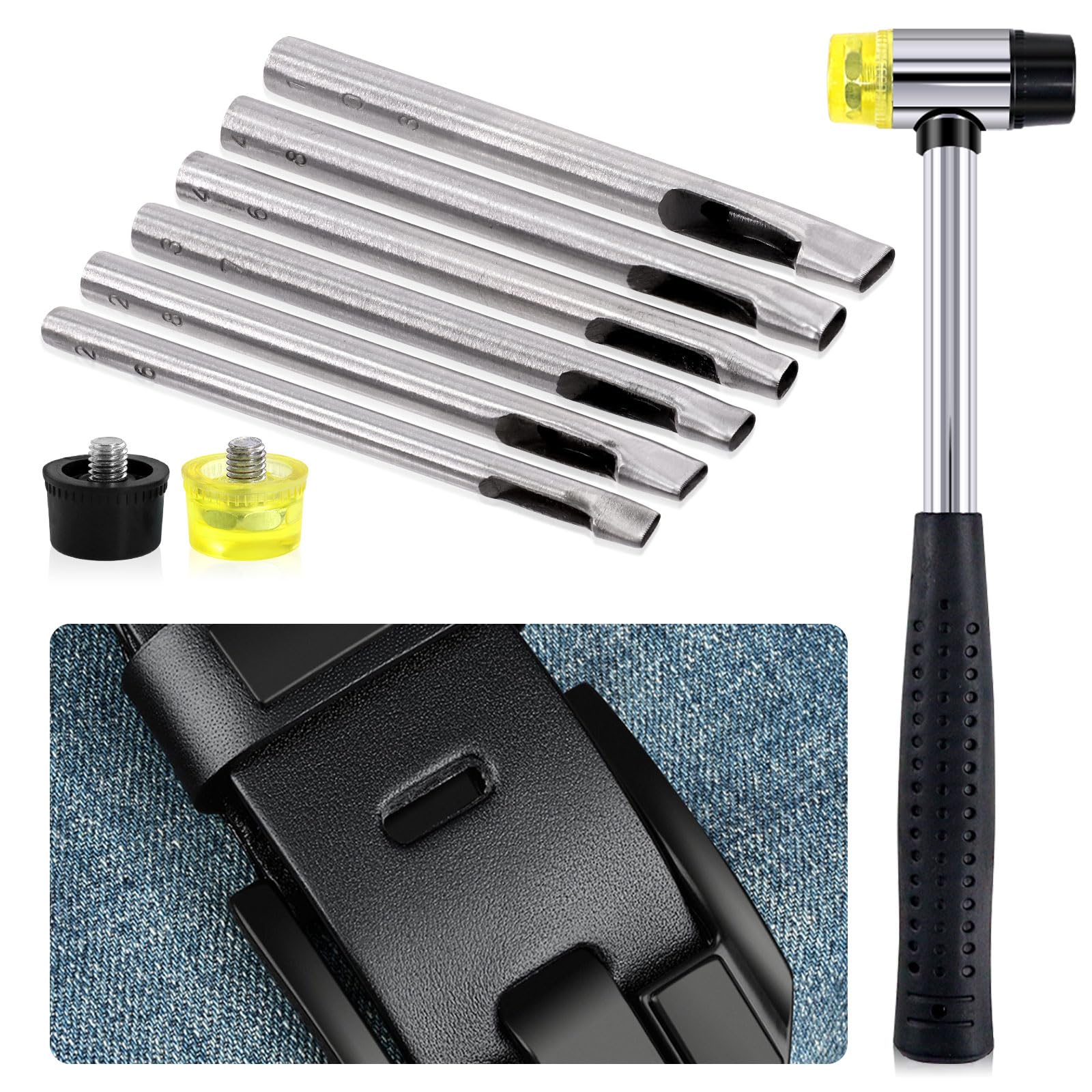 Mardatt 9Pcs 6 Sizes Leather Hole Punch Set with 25mm Double-Faced Hammer Mallet, Hollow Punching Oval Belt Hole Cutter DIY Leather Punch Craft for Home Decoration Installation