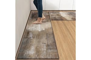 Arttown Brown Grey Painting Anti-Fatigue Kitchen Rug Set of 2 Beige Contemporary Abstract Cushioned Floor Standing Mat Waterp