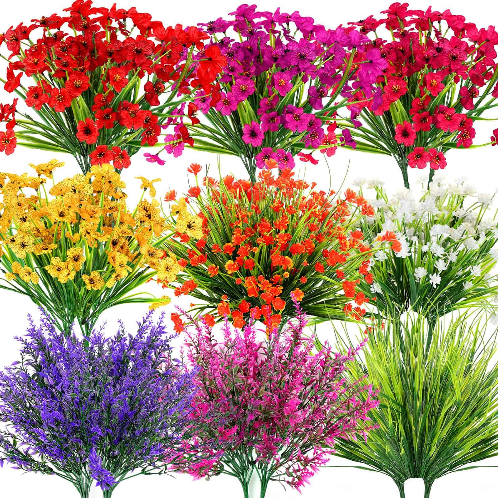 Photo 1 of 18 Bundles Artificial Flowers for Outdoors, UV Resistant Realistic Fake Spring Summer Flowers with Plastic Faux Lavender Plants for Outside Garden Patio Porch Window Box Hanging Planters Home Decor