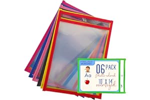 NHG NIKA'S HOME GOODS 6 Packs Oversized Dry Erase Pockets Sleeves Reusable - 10x14 Dry Erase Sheets Ticket Holders 6 Assorted Colors with Binder Ring, Clear Plastic Sheet Protectors, Teacher School Classroom Supplies