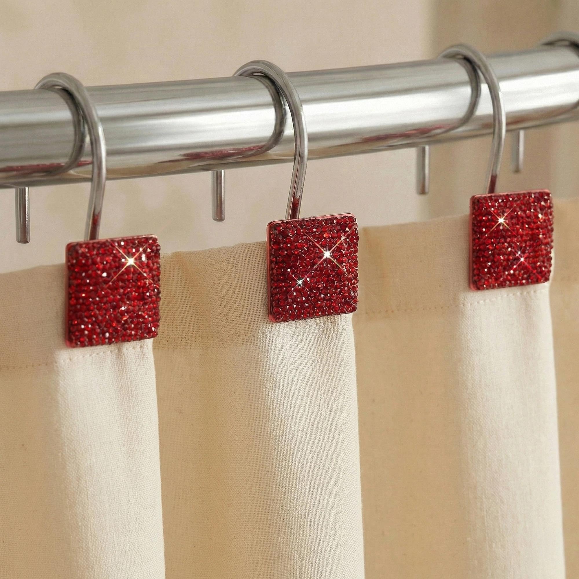 Glitter Shower Curtain Hooks: Bling Sparkle Shiny Crystal Diamond Decorative Rings for Christmas & Holidays - Luxury Fancy Glam Hangers (Red)