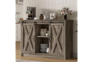 4 EVER WINNER Farmhouse Coffee Bar Cabinet with Sliding Barn Door, 42” Coffee Bar Table with Adjustable Shelves, Buffet Cabinet with Storage for Kitchen Living Dining Room, Wash Grey