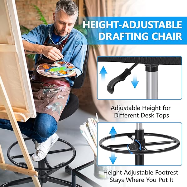 PRIMY TALL DRAFTING DESK CHAIR – ARMLESS, ADJUSTABLE HEIGHT, MESH BACK, ROLLING, STANDING DESK CHAIR FOR ART ROOM, OFFICE OR HOME (BLACK)