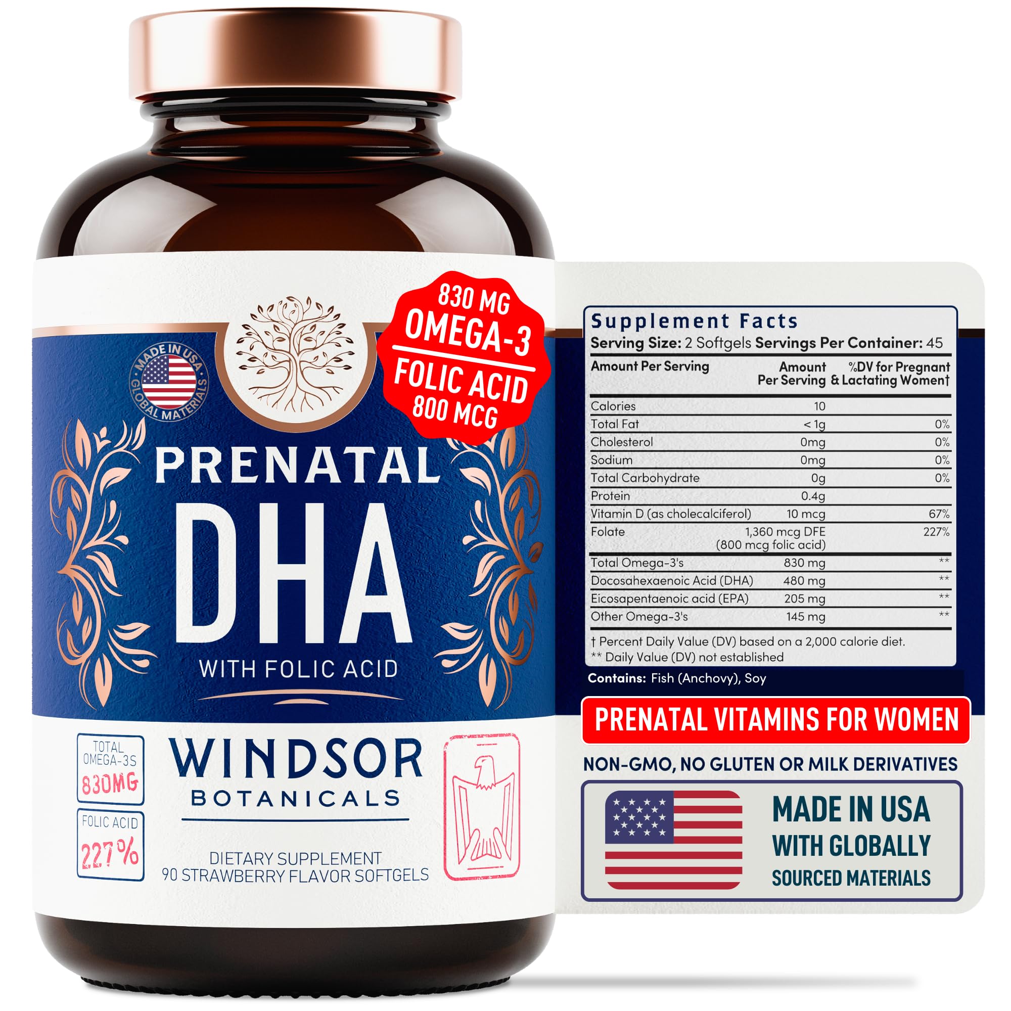 Prenatal DHA and Folic Acid - 830mg Omega-3 (DHA + EPA Fish Oil), 800mcg Folic Acid - High-Potency Prenatal Vitamins for Women - Supports Fetal Development & Baby’s Brain - 90 Strawberry Softgels