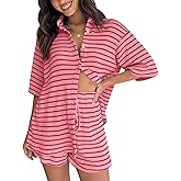 BWQ Womens Striped 2 Piece Sets Casual Lounge Sets Short Sleeve Button Down Shirt and Shorts Knit Summer Matching Sets