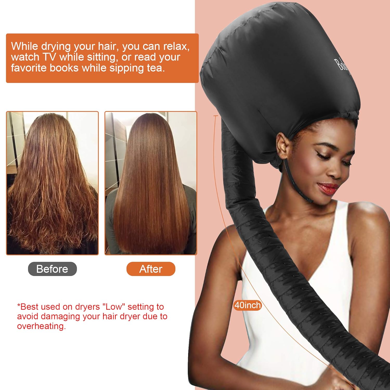 Bonnet Hair Dryer - Boloye Soft Bonnet Hood Hair Dryer Attachment with Heat Protector Headband to Reduces Heat Around Ears - Used for Curl, Hair Styling, Deep Conditioning and Hair Drying (Gray): Beauty
