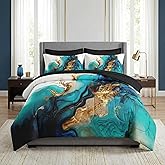Pamnest Comforter Set Queen Size, Mint Green Marble Gold 7 Pcs Bedding for Kids and Adults, Teal Turquoise Blue Bed Sheet Sets with Fitted Sheet 2 Pillowcase & 2 Sham for Bedroom Bed Decor
