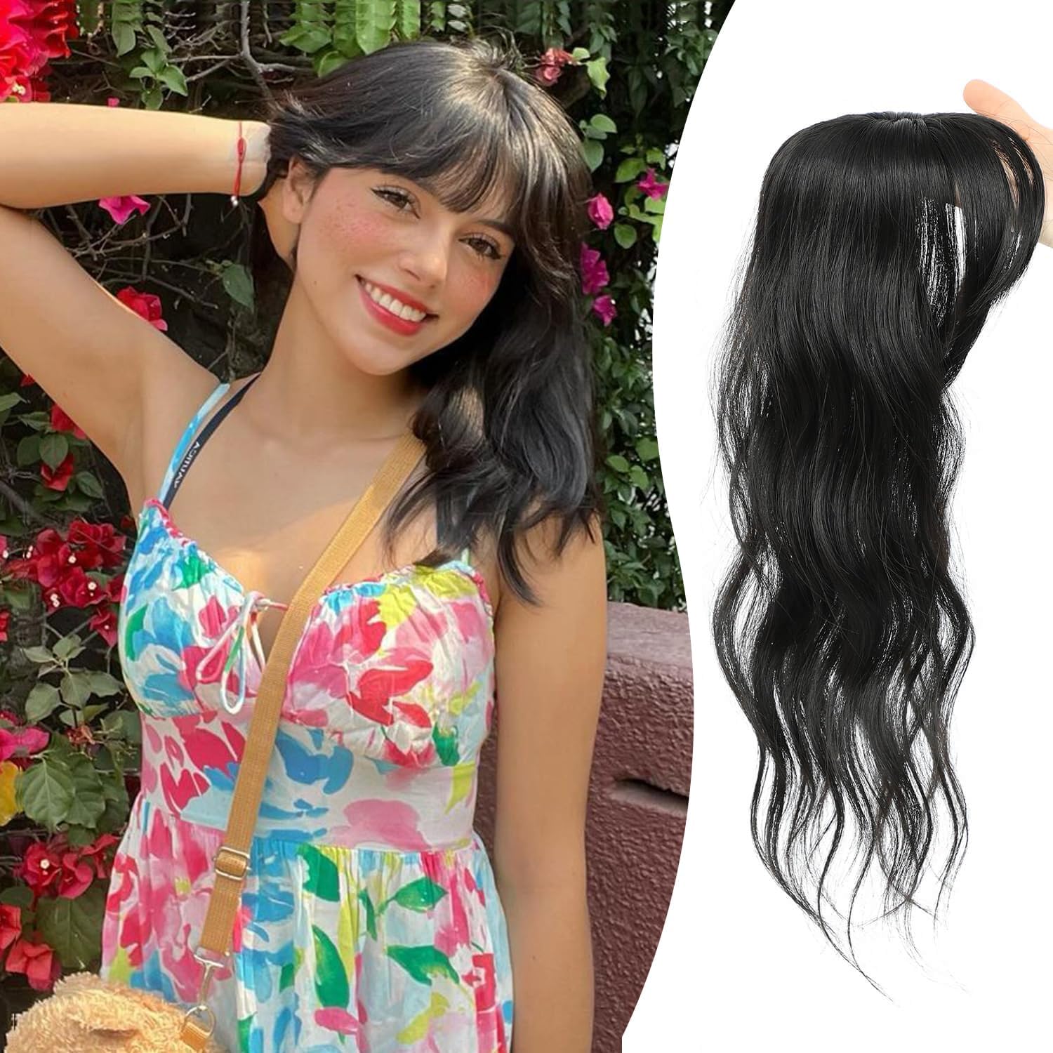 Fine Plus 360° Cover Clip in Fringe Hair Extensions - Wavy Bangs with Temples for Women - Natural Black Daily Wear