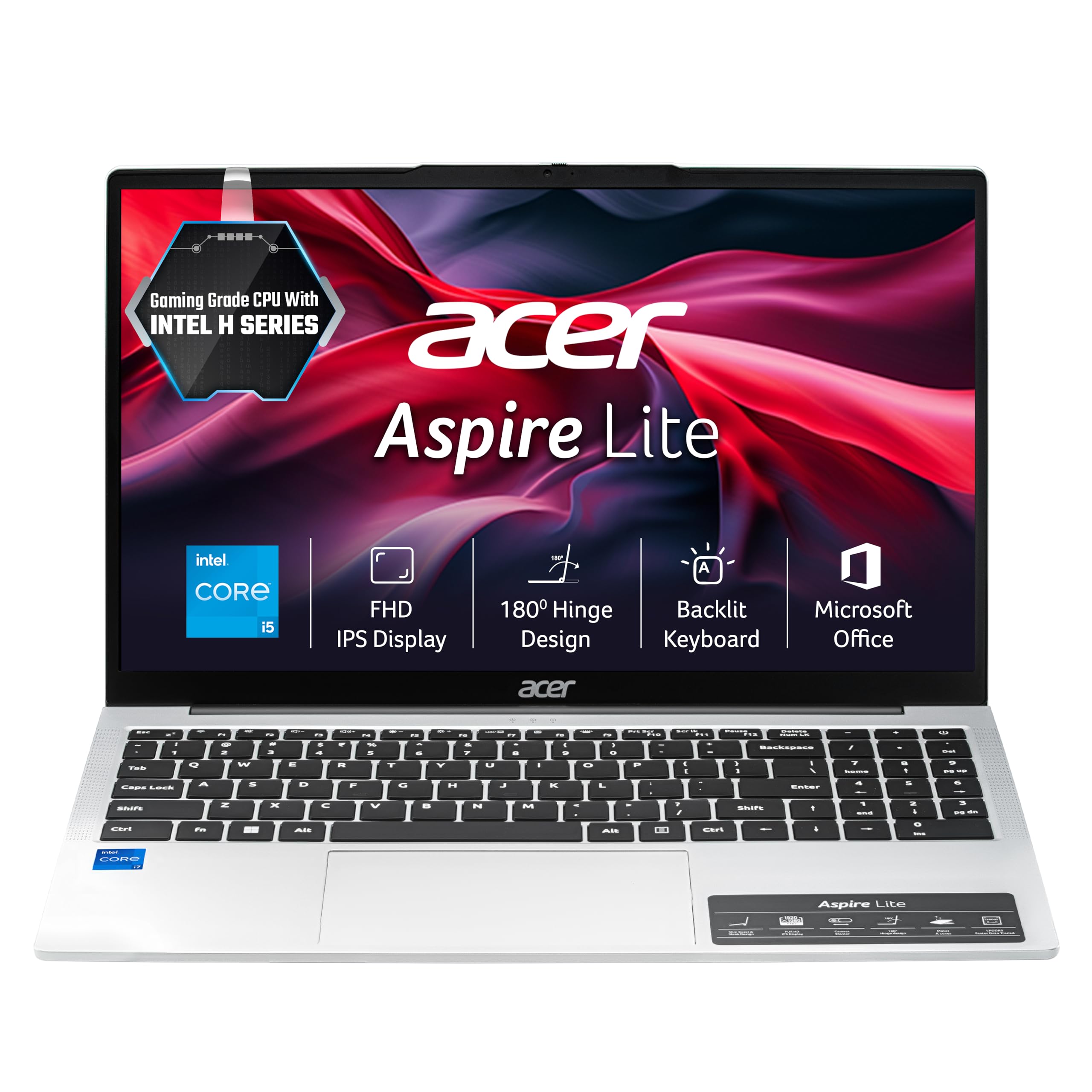 acer Aspire Lite 12th Gen Intel Core i5-12450H, Office 2024 + M365 Basic, 16GB RAM/512GB SSD, 39.62cm(15.6") FHD IPS Display Win11H, Pure Silver, 1.7KG,AL15-52H, Backlit KB, Thin & Light Laptop