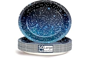 Qyeahkj 50 PCS Space Galaxy Oval Paper Plates Large 11” Disposable Starry Night Sky Galaxy Party Platter Decorations Outer Space Supplies Favor for Happy Space Star Sky Dinner Party Tableware Set