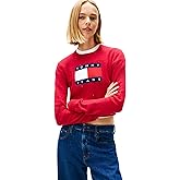 Tommy Jeans womens Long Sleeve Pullover Crewneck Sweater With Big Flag Logo and Sparkle Detail