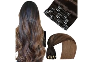 VINBAO Clip in Extensions Real Human Hair, Color #1BT4 Ombre Natural Black to Medium Brown Hair Extensions, 20inch 120g 6Pcs 