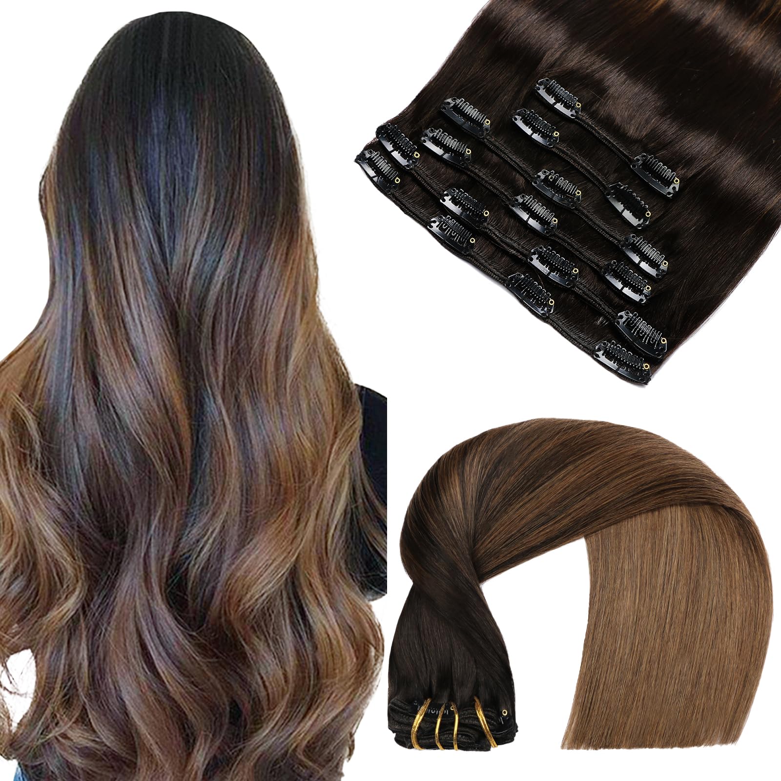VINBAO Clip in Hair Extensions Real Human Hair Ombre Natural Black To Chocolate Brown 14 Inch, Silky Straight Extensions Clip ins 100g 6pcs (#C1BT4, 14'')"