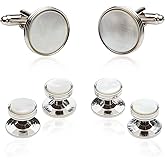 Mother of Pearl Cufflinks and Studs Tuxedo Set White Silver Formal Set Round Tuxedo Formal Set with Presentation Idea Box Mens White Wedding Studs Set