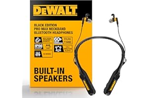 DEWALT Heavy Duty Black Edition 2-in-1 Neckband Bluetooth Headphones w/Built-in Speakers, Jobsite Wearable Speaker & Around Neck, Wireless Headset, 60+ Hrs Hands-Free Music & Calls, Carry Pouch