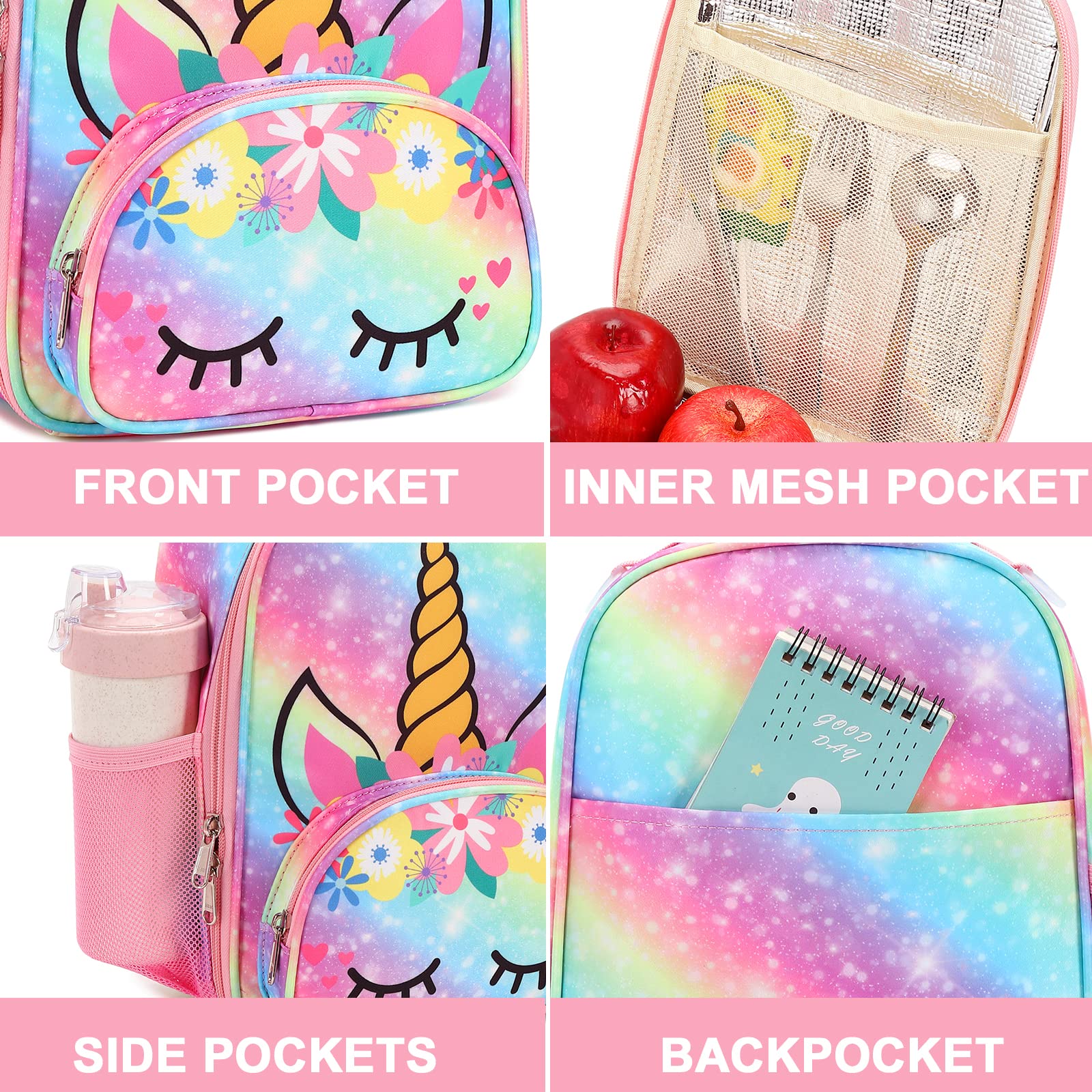BTOOP Lunch Box Kids Girls Insulated Lunch Bag Toddler Cute Reusable Thermal Meal Cooler Tote Bags with Removable Shoulder Strap for School Travel (O-Rainbow)