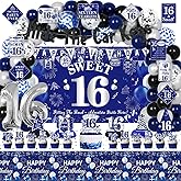 Mpanwen 16th Birthday Decorations for Boys, 114 Pcs Blue Sweet 16 Year Old Bday Party Decor Supplies for Boy with Backdrop, Banner, Balloons, Tablecloth, Centerpieces, Hanging Swirls, Hat, Wall Signs