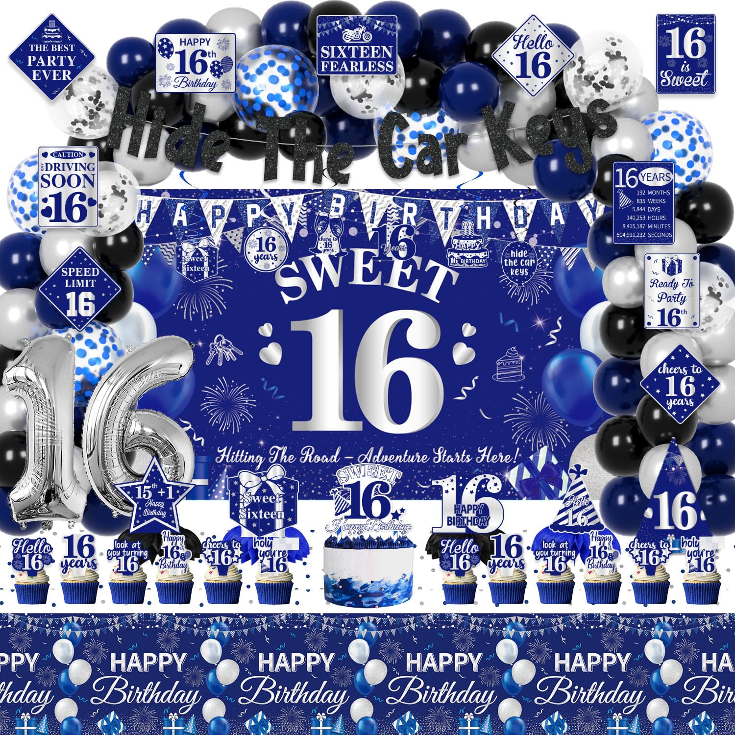 Photo 1 of (MISSING PIECES) ***PARTS ONLY*** Mpanwen 16th Birthday Decorations for Boys, 114 Pcs Blue Sweet 16 Year Old Bday Party Decor Supplies for Boy with Backdrop, Banner, Balloons, Tablecloth, Centerpieces, Hanging Swirls, Hat, Wall Signs