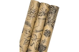 MAYPLUSS Kraft Christmas Wrapping Paper Roll - 3 Mini Roll -17in x120in Per roll,Kraft Vintage Wrapping Paper,Rustic Print for Party,Birthday,Baby Shower,Natural Paper Roll Design (42.3 sqft)