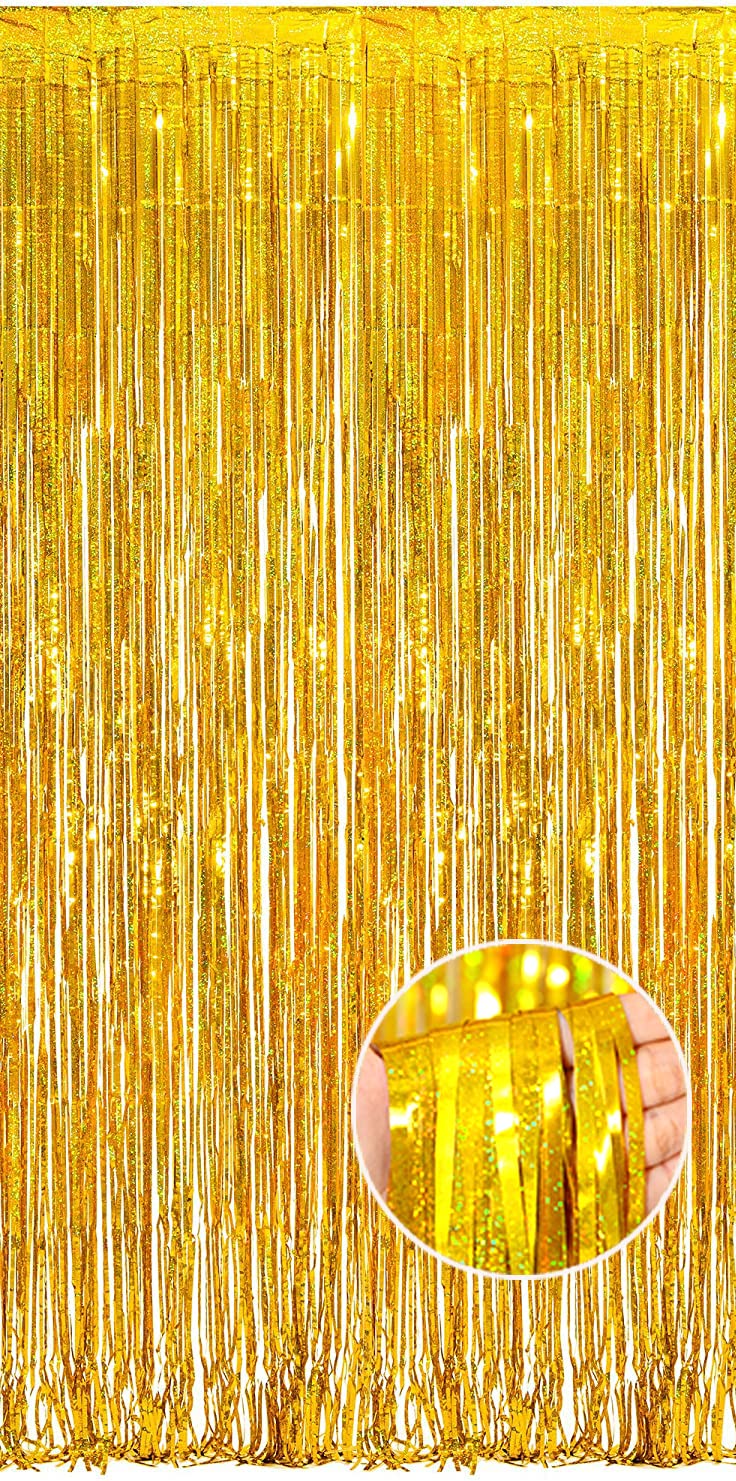 NAVK Gold Tinsel Party Decorations Foil Fringe Curtain, Sparkle Metallic Streamers for Birthday Party Wedding Backdrop-1x2.5m