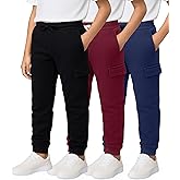 Real Essentials 3 Pack: Boys' Cotton Fleece Cargo Joggers Athletic Sweatpants - Kids Casual Sports Pants Pockets (Ages 6-16)