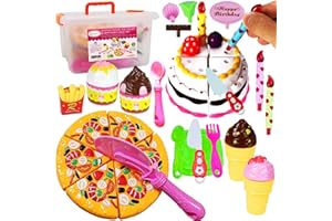 FUNERICA Pretend Goodies Play Food Kids Toy Set with Storage Box - Features Cutting Pizza, Ice Cream, Fries, Dessert & Toy Birthday Cake for Toddlers, Boys, Girls