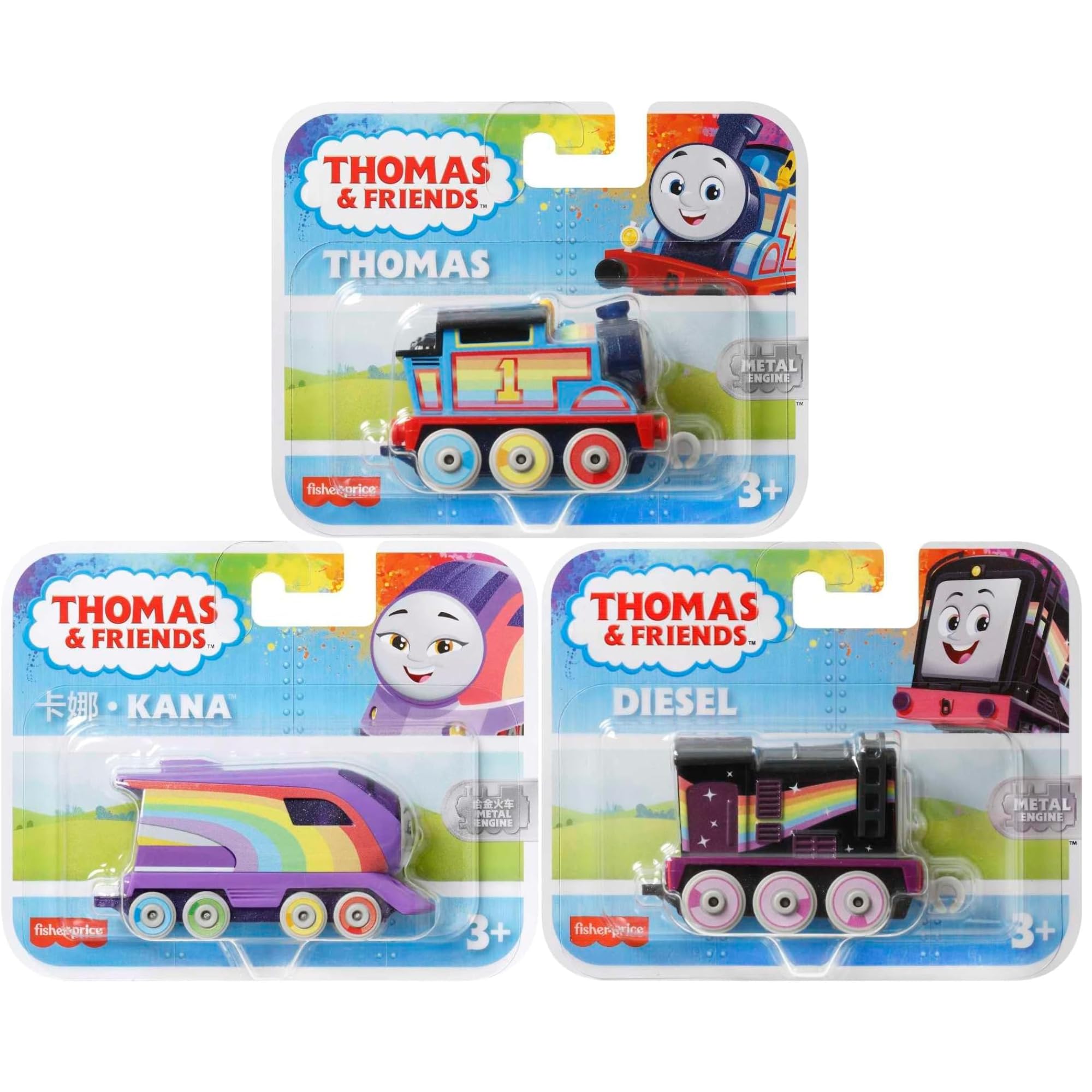 THOMAS & FRIENDS Diecast Full Metal Character Train Sets - (Rainbow Style Thomas, Kana & Diesel - 3 Pack Set 3)