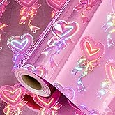 Yarcony Pink Heart Wrapping Paper, Mini Roll, Holographic Hearts Gift Wrap, Love Iridescent Hearts Wrapping Paper for Valentine's Day, Girl Birthday Party, Anniversary,Wedding (17 Inch X 33 Feet)