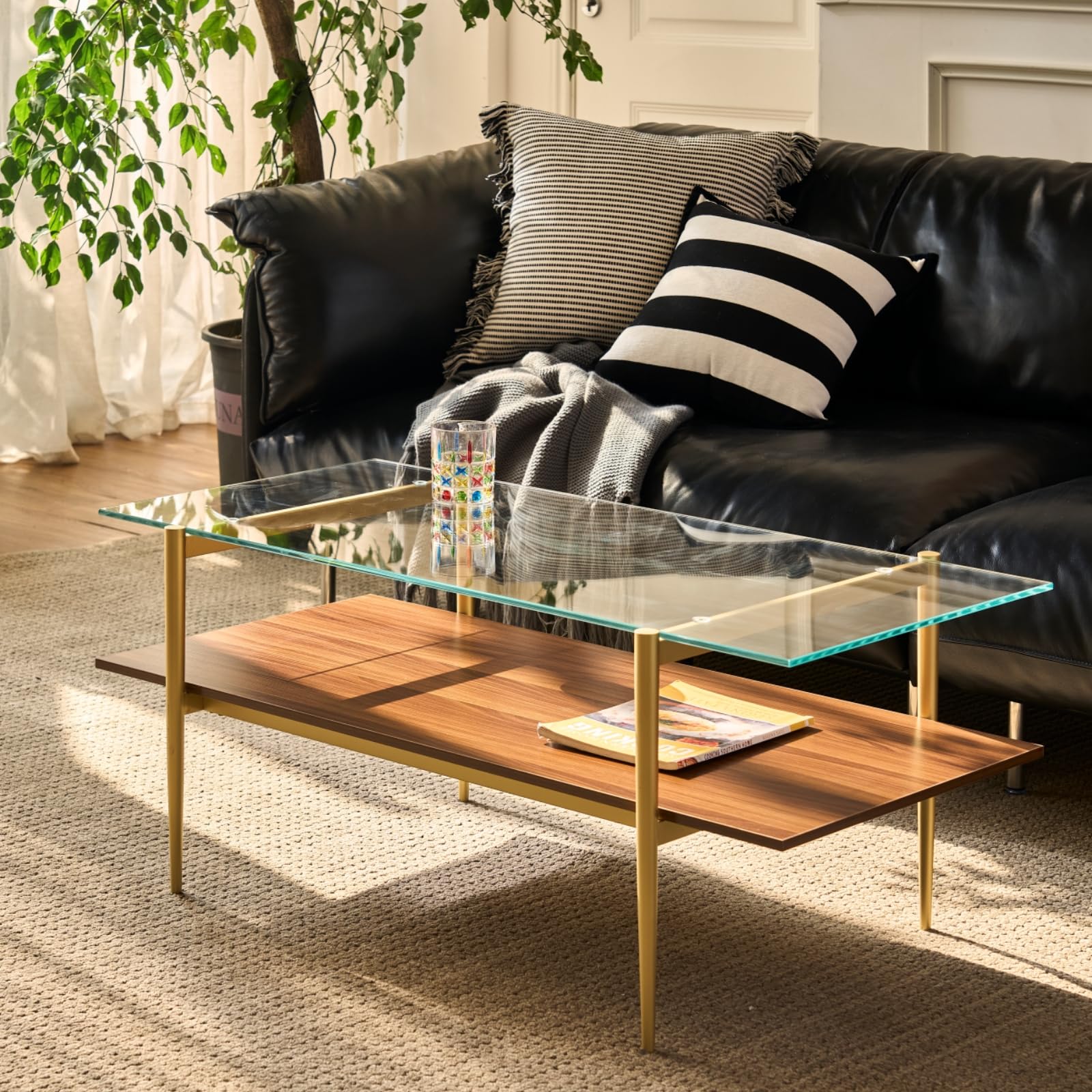 Photo 1 of Saint Mossi Tadio Glass Coffee Table, Clear Double Layer Glass Coffee Table for Living Room, Clear Glass & Coffee Brown Bottom Shelf
