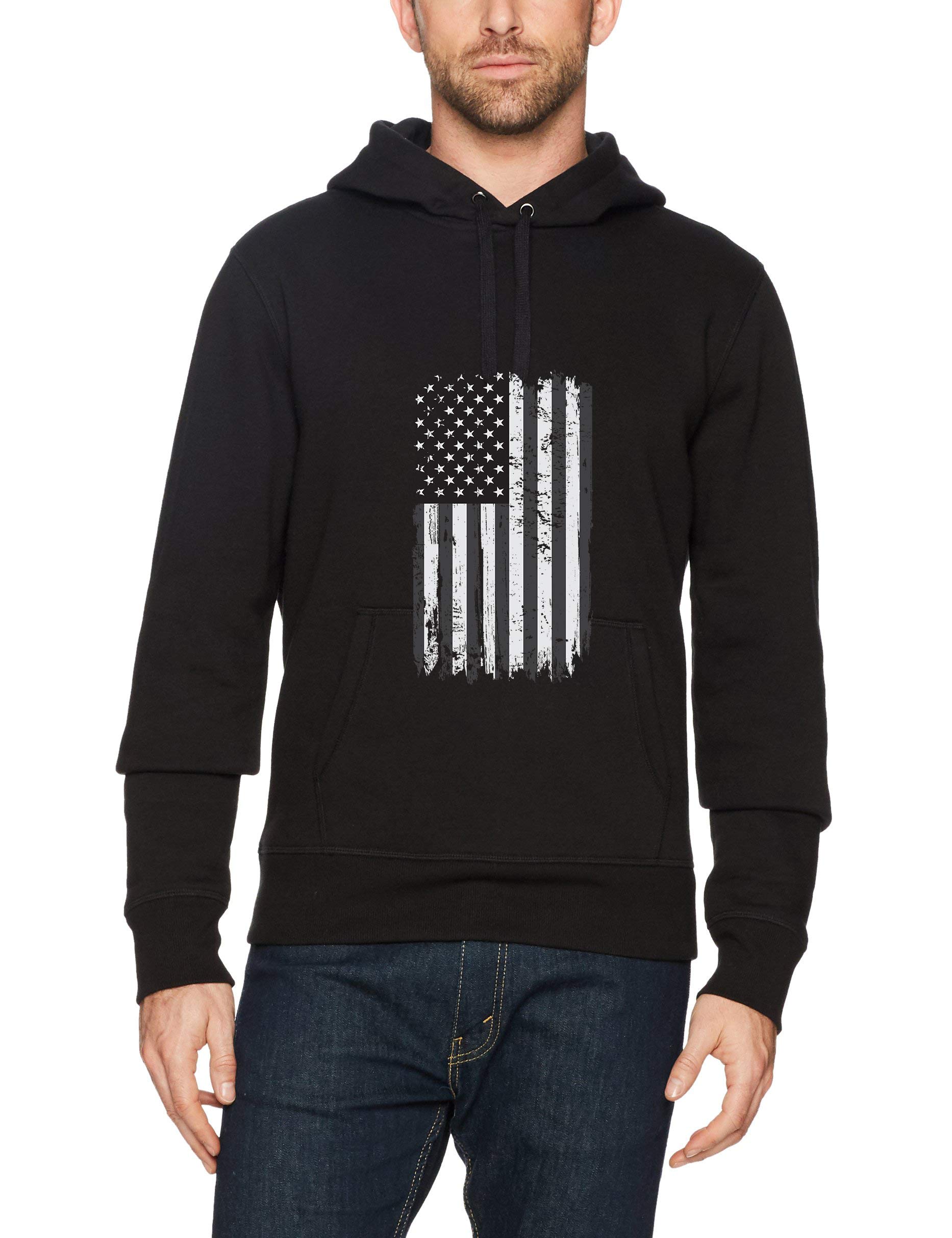 Mens Distressed USA Flag Black Hoodie - Trendy Crewneck College Sweatshirts Apparel Vintage Pullover Hoody Cool Sweater with Drawstrings Pockets Large