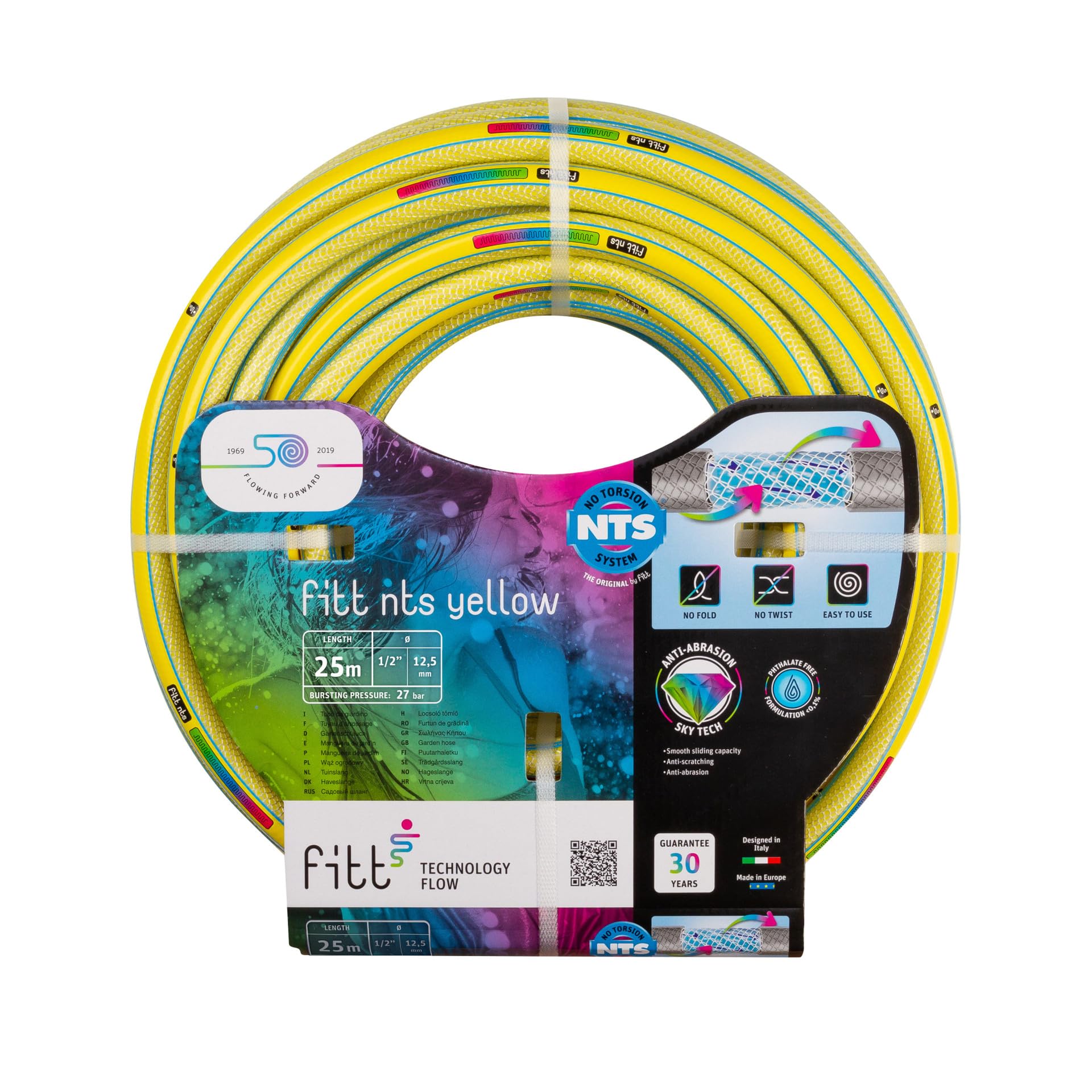 FITT NTS Yellow 1/2" (12,5mm) 25m - Strong and malleable Yellow Garden Watering Hose for Intensive Use Featuring Exclusive Technologies