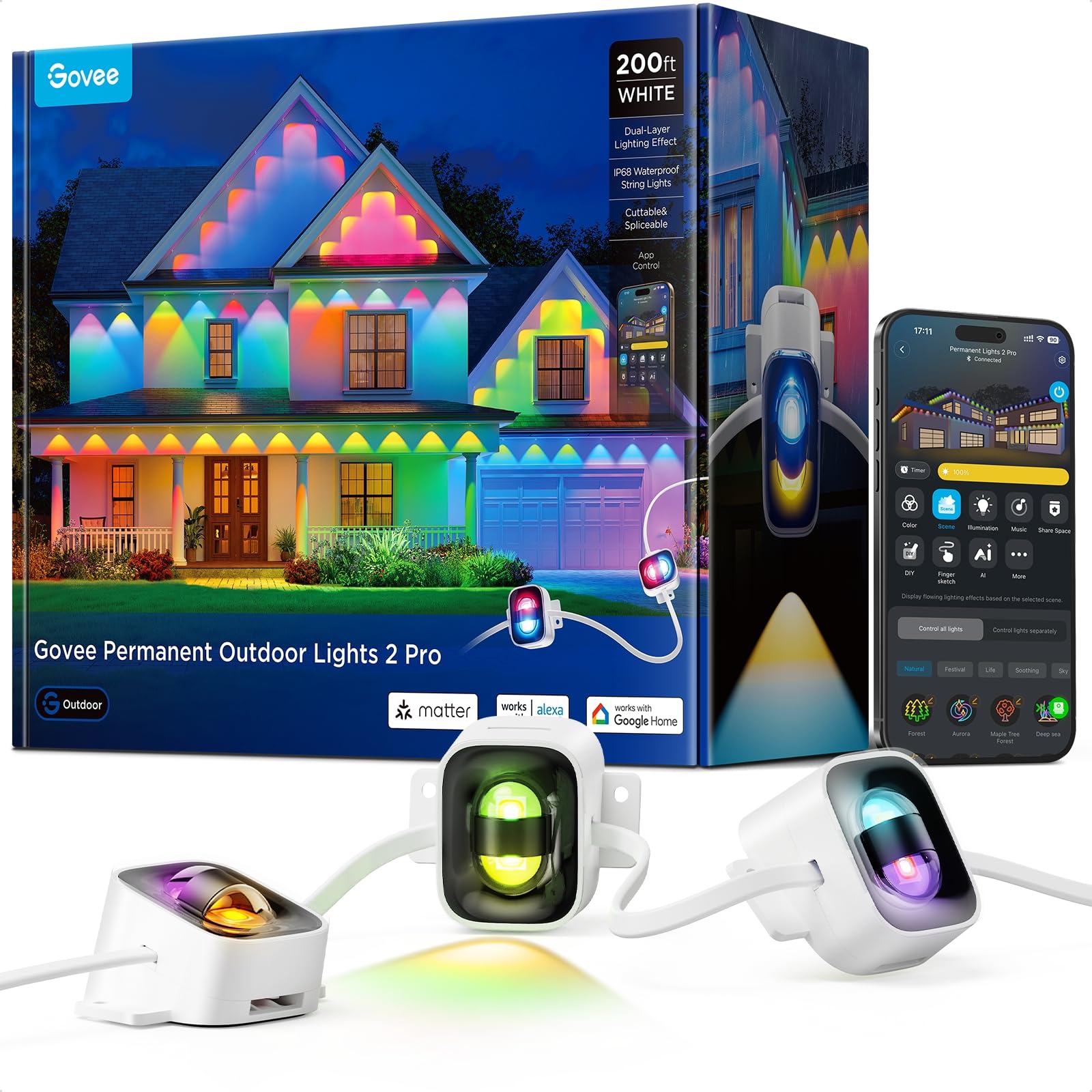 Govee Permanent Outdoor Lights 2 Pro, 200ft with IP68 Waterproof, White | Dual-Layer Color Effect, 100 Scene Modes and 84 Lig