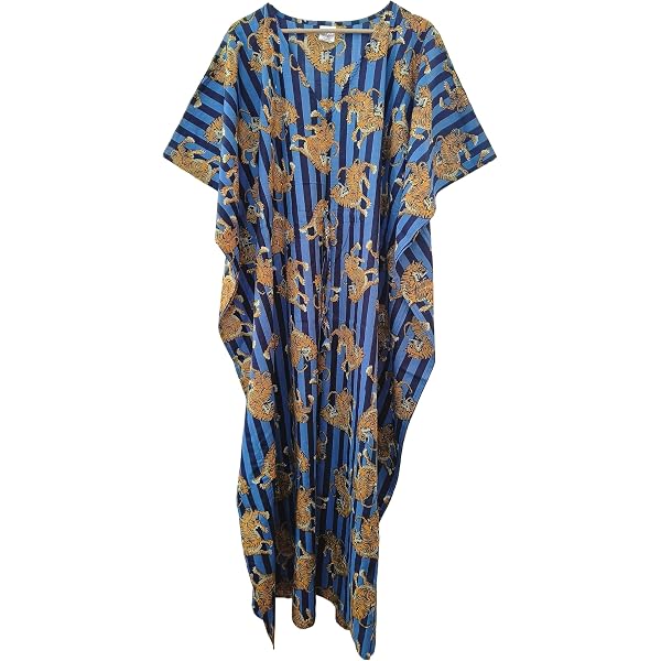 Pranipat Handicrafts Women's Blue Peacock Print Cotton Kaftan Dress - One Size Free Size Beach Cover Up | Nightwear | Maxi Dress - View #7