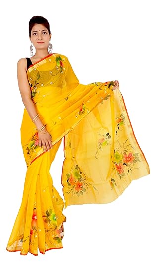 NIKHILAM Womens Kota Doria Pure Cotton Saree With Blouse Piece (KDSA_009_Mustard Yellow)